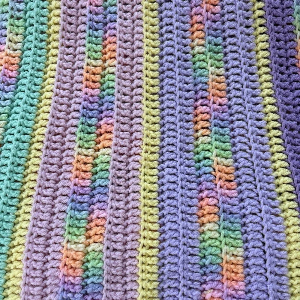 Vtg‎ Handmade Crochet Afghan Large Pastel Throw Blanket Spring Easter 50